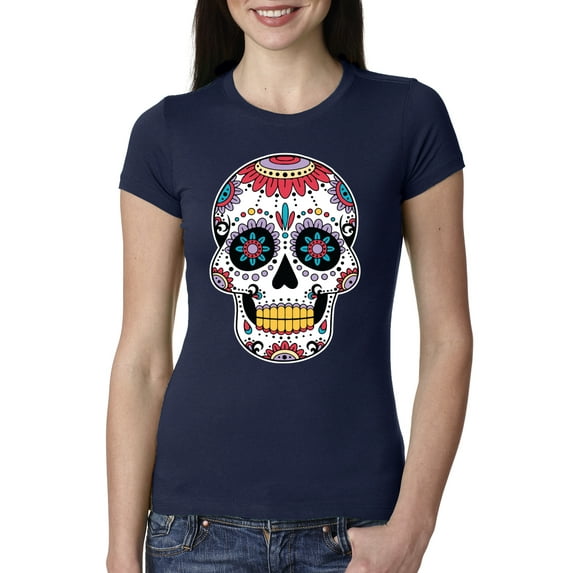 Wild Bobby Day Of The Dead Sugar Skull Pop Culture Women Slim Fit Junior Tee, Navy, XX-Large