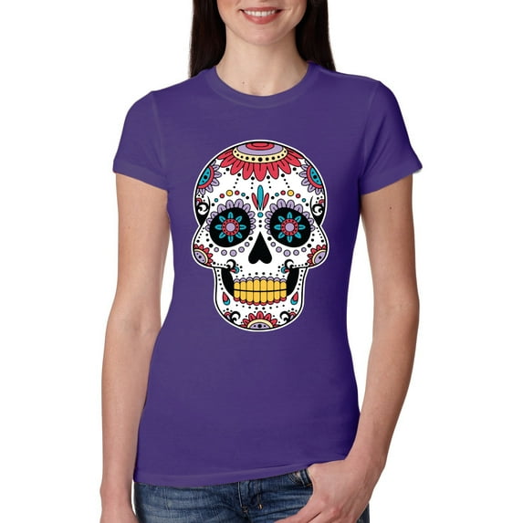 Wild Bobby Day Of The Dead Sugar Skull Pop Culture Women Slim Fit Junior Tee, Purple Rush, Medium