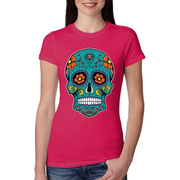 Wild Bobby Day Of The Dead Sugar Skull Pop Culture Women Slim Fit Junior Tee, Raspberry, Small