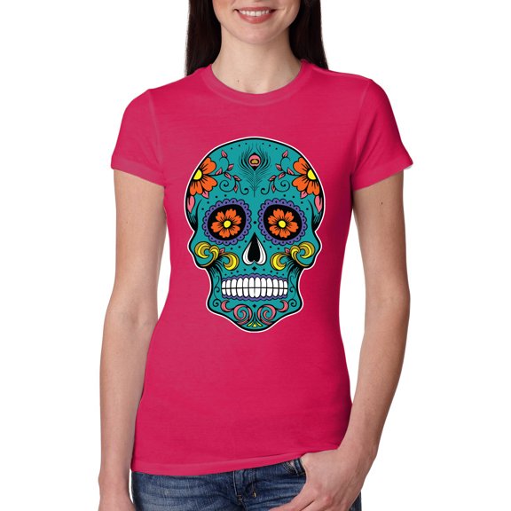 Wild Bobby, Day Of The Dead Sugar Skull Pop Culture Women Slim Fit Junior Tee, Raspberry, X-Large
