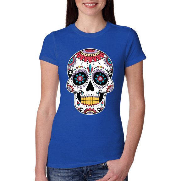 Wild Bobby Day Of The Dead Sugar Skull Pop Culture Women Slim Fit Junior Tee, Royal, Medium