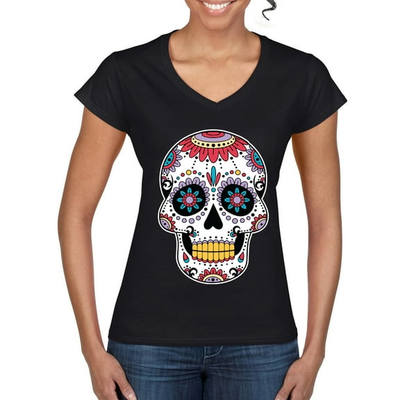 Wild Bobby Day Of The Dead Sugar Skull Pop Culture Women Standard V-Neck Tee, Black, Small