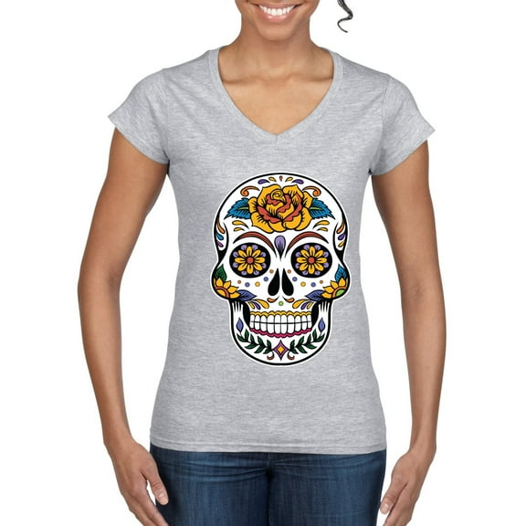 Wild Bobby Day Of The Dead Sugar Skull Pop Culture Women Standard V-Neck Tee, Heather Grey, Small