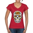 thumbnail image 1 of Wild Bobby Day Of The Dead Sugar Skull Pop Culture Women Standard V-Neck Tee, Red, Medium, 1 of 5
