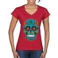thumbnail image 1 of Wild Bobby Day Of The Dead Sugar Skull Pop Culture Women Standard V-Neck Tee, Red, X-Large, 1 of 5