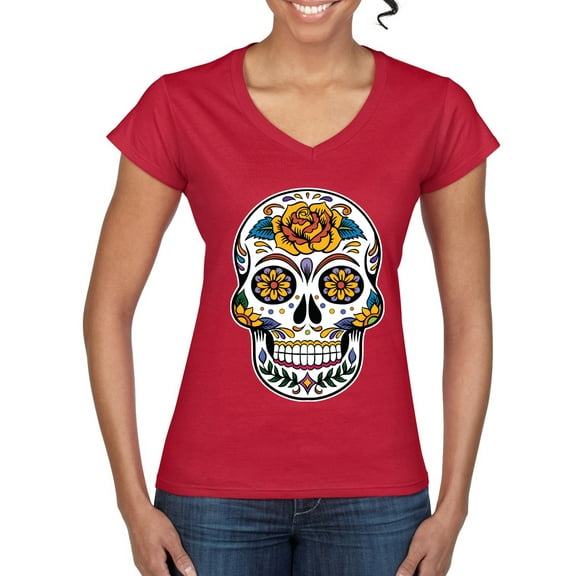 Wild Bobby Day Of The Dead Sugar Skull Pop Culture Women Standard V-Neck Tee, Red, X-Large