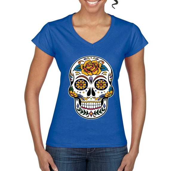 Wild Bobby Day Of The Dead Sugar Skull Pop Culture Women Standard V-Neck Tee, Royal, Large