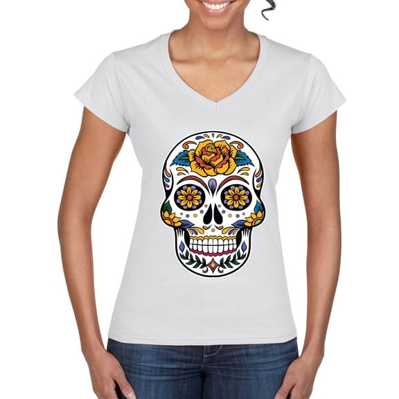 Wild Bobby Day Of The Dead Sugar Skull Pop Culture Women Standard V-Neck Tee, White, X-Large