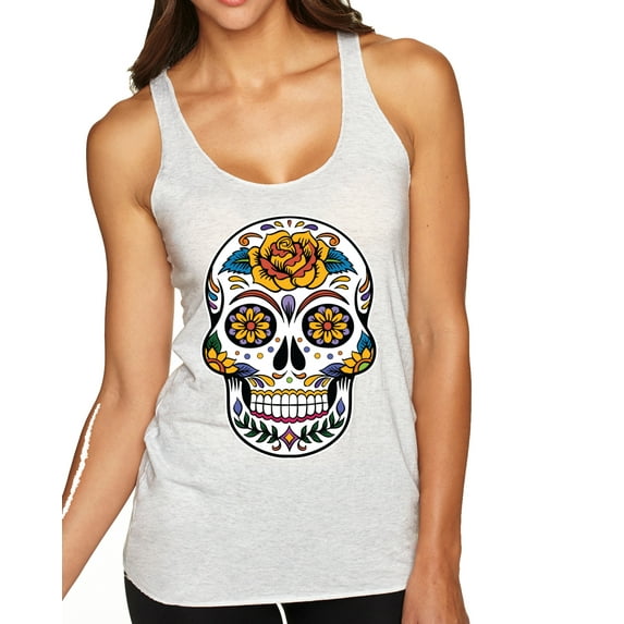 Wild Bobby Day Of The Dead Sugar Skull Pop Culture Women Tri-Blend Racerback Tank Top, Heather White, X-Large