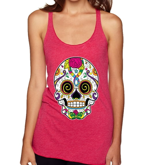 Wild Bobby Day Of The Dead Sugar Skull Pop Culture Women Tri-Blend Racerback Tank Top, Shocking Pink, Large