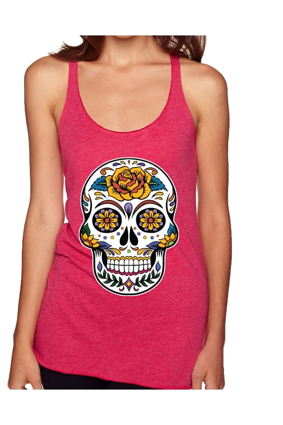 Day Of The Dead Sugar Skull Pop Culture Women Tri-Blend Racerback Tank Top, Shocking Pink, Medium