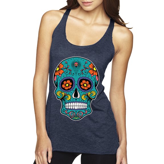 Wild Bobby Day Of The Dead Sugar Skull Pop Culture Women Tri-Blend Racerback Tank Top, Vintage Navy, Large