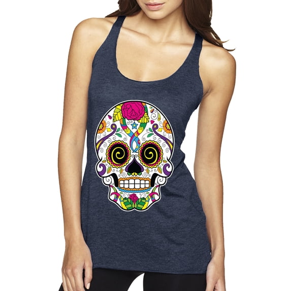 Wild Bobby Day Of The Dead Sugar Skull Pop Culture Women Tri-Blend Racerback Tank Top, Vintage Navy, Small
