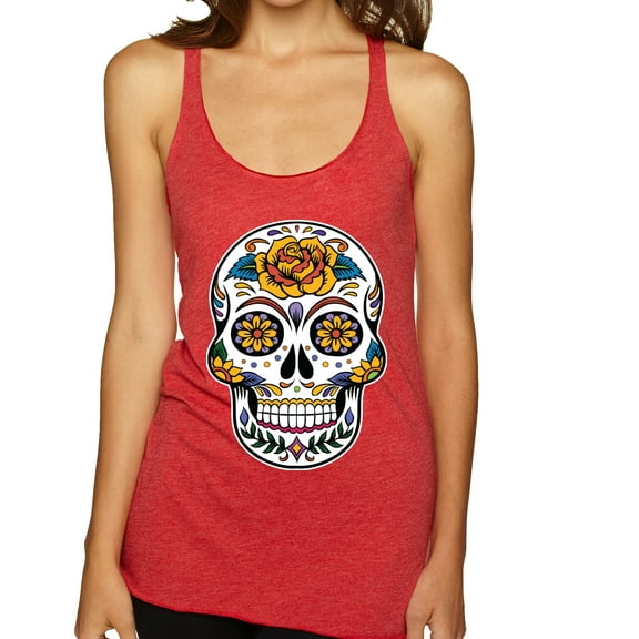 Wild Bobby Day Of The Dead Sugar Skull Pop Culture Women Tri-Blend Racerback Tank Top, Vintage Red, X-Large