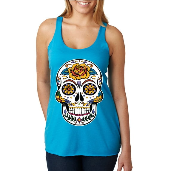 Wild Bobby Day Of The Dead Sugar Skull Pop Culture Women Tri-Blend Racerback Tank Top, Vintage Turquoise, X-Large