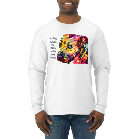 Wild Bobby, Dean Russo A Dog Wags Its Tail With Its Heart Gratitude Pitbull Dog Lover Men Long Sleeve Shirt, White, Large