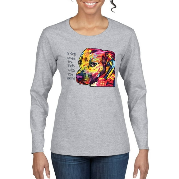 Wild Bobby Dean Russo A Dog Wags Its Tail With Its Heart Gratitude Pitbull Dog Lover Women Graphic Long Sleeve Tee, Heather Grey, Medium