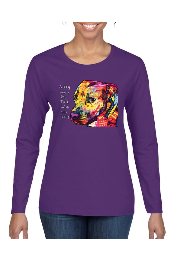 Dean Russo A Dog Wags Its Tail With Its Heart Gratitude Pitbull Dog Lover Women Graphic Long Sleeve Tee, Purple, XX-Large
