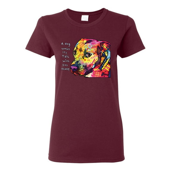 Wild Bobby Dean Russo A Dog Wags Its Tail With Its Heart Gratitude Pitbull Dog Lover Women Graphic Tee, Maroon, 3X-Large