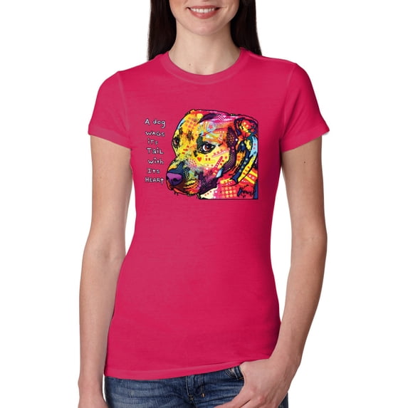 Wild Bobby Dean Russo A Dog Wags Its Tail With Its Heart Gratitude Pitbull Dog Lover Women Slim Fit Junior Tee, Raspberry, Large
