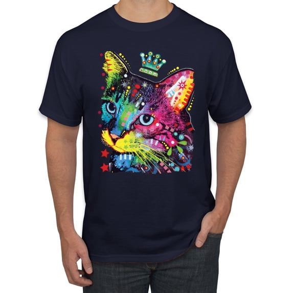 Wild Bobby Dean Russo Cat Wearing a Crown Thinking Cat Crowned Cat Lover Men Graphic Tee, Navy, X-Large