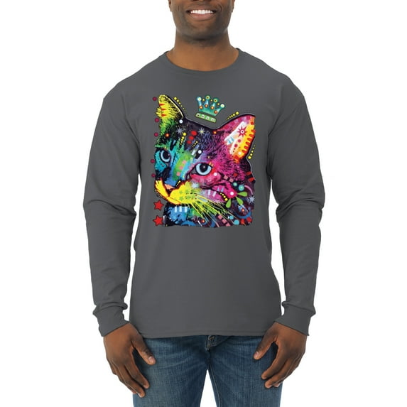 Wild Bobby Dean Russo Cat Wearing a Crown Thinking Cat Crowned Cat Lover Men Long Sleeve Shirt, Charcoal, 3X-Large