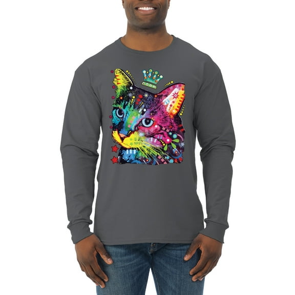 Wild Bobby Dean Russo Cat Wearing a Crown Thinking Cat Crowned Cat Lover Men Long Sleeve Shirt, Charcoal, Medium