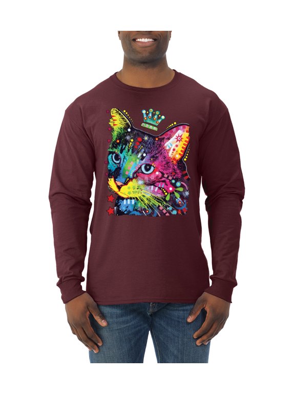 Dean Russo Cat Wearing a Crown Thinking Cat Crowned Cat Lover Men Long Sleeve Shirt, Maroon, Medium