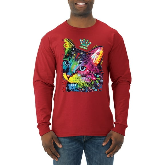 Wild Bobby Dean Russo Cat Wearing a Crown Thinking Cat Crowned Cat Lover Men Long Sleeve Shirt, Red, Large