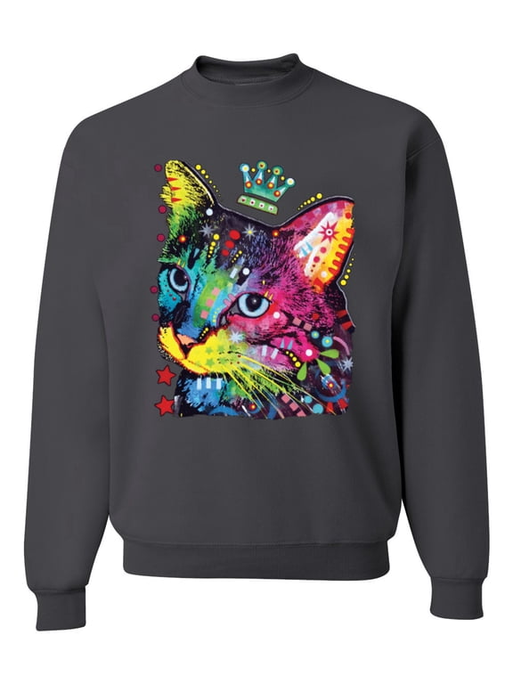 Dean Russo Cat Wearing a Crown Thinking Cat Crowned Cat Lover Unisex Crewneck Graphic Sweatshirt, Charcoal, Medium