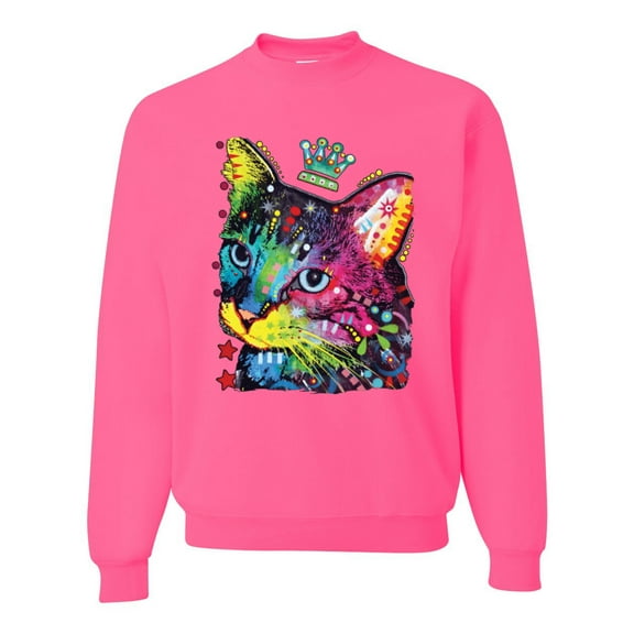 Wild Bobby Dean Russo Cat Wearing a Crown Thinking Cat Crowned Cat Lover Unisex Crewneck Graphic Sweatshirt, Neon Pink, XX-Large