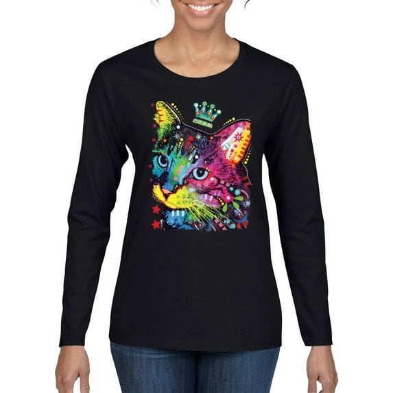 Wild Bobby Dean Russo Cat Wearing a Crown Thinking Cat Crowned Cat Lover Women Graphic Long Sleeve Tee, Black, Small