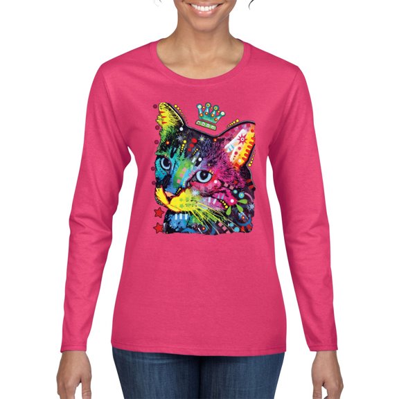 Wild Bobby Dean Russo Cat Wearing a Crown Thinking Cat Crowned Cat Lover Women Graphic Long Sleeve Tee, Fuschia, X-Large