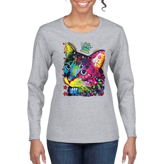 Wild Bobby Dean Russo Cat Wearing a Crown Thinking Cat Crowned Cat Lover Women Graphic Long Sleeve Tee, Heather Grey, Large