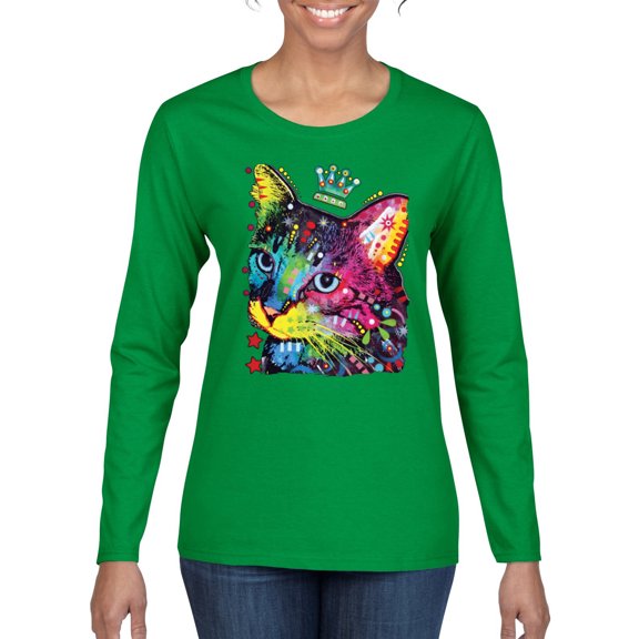 Wild Bobby Dean Russo Cat Wearing a Crown Thinking Cat Crowned Cat Lover Women Graphic Long Sleeve Tee, Kelly, Medium