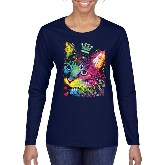 Wild Bobby Dean Russo Cat Wearing a Crown Thinking Cat Crowned Cat Lover Women Graphic Long Sleeve Tee, Navy, Medium