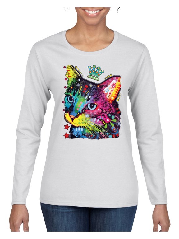 Dean Russo Cat Wearing a Crown Thinking Cat Crowned Cat Lover Women Graphic Long Sleeve Tee, White, Medium