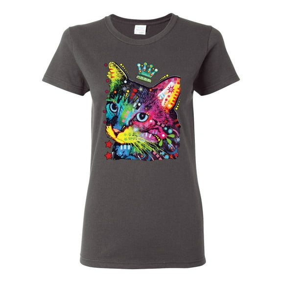 Wild Bobby Dean Russo Cat Wearing a Crown Thinking Cat Crowned Cat Lover Women Graphic Tee, Charcoal, X-Large