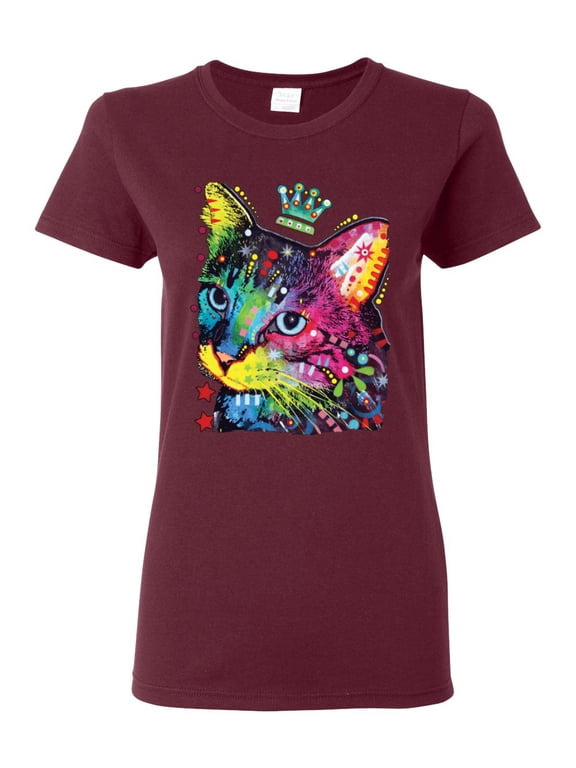 Dean Russo Cat Wearing a Crown Thinking Cat Crowned Cat Lover Women Graphic Tee, Maroon, Large