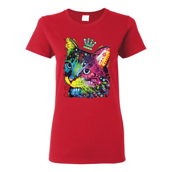 Wild Bobby Dean Russo Cat Wearing a Crown Thinking Cat Crowned Cat Lover Women Graphic Tee, Red, Large