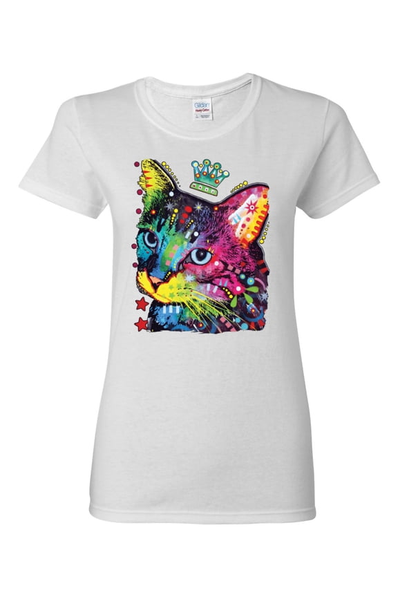 Dean Russo Cat Wearing a Crown Thinking Cat Crowned Cat Lover Women Graphic Tee, White, XX-Large