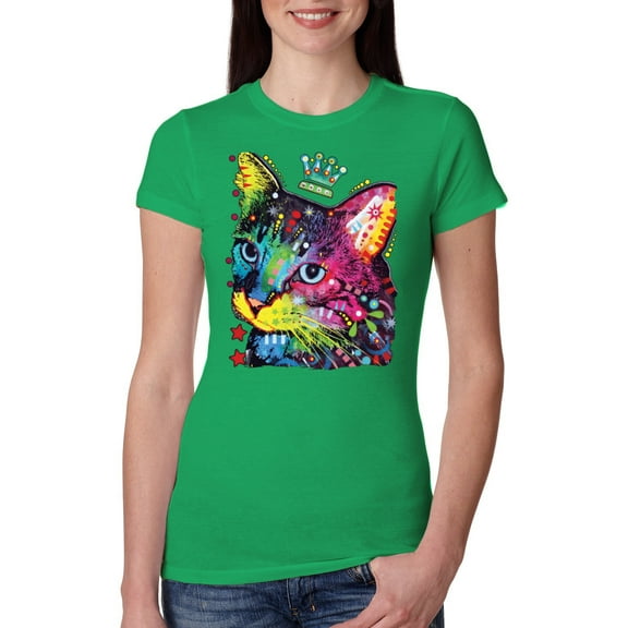 Wild Bobby Dean Russo Cat Wearing a Crown Thinking Cat Crowned Cat Lover Women Slim Fit Junior Tee, Kelly, Large