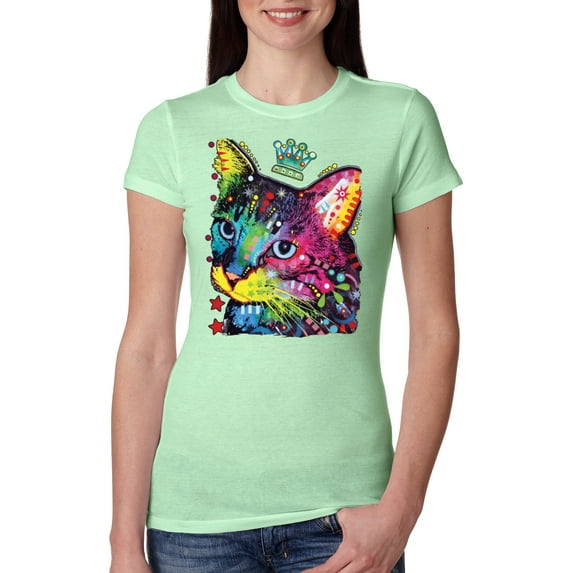 Wild Bobby Dean Russo Cat Wearing a Crown Thinking Cat Crowned Cat Lover Women Slim Fit Junior Tee, Mint, XX-Large