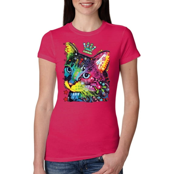 Wild Bobby Dean Russo Cat Wearing a Crown Thinking Cat Crowned Cat Lover Women Slim Fit Junior Tee, Raspberry, Small