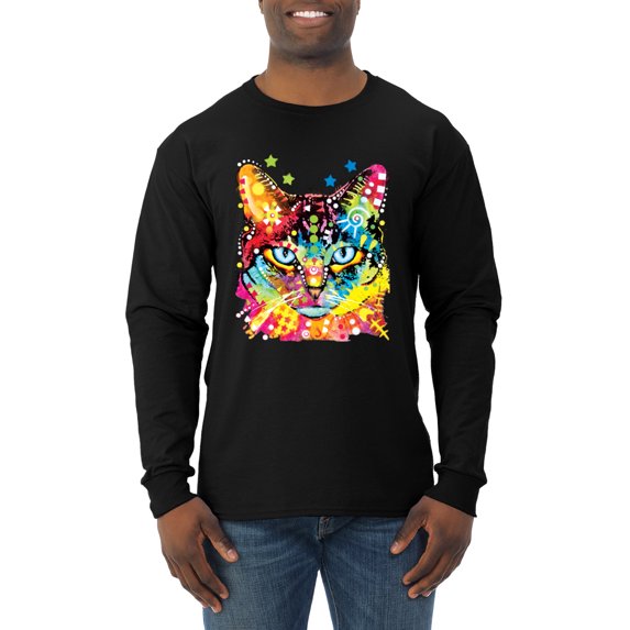Wild Bobby Dean Russo Colorful Blue Eyes Cat Cat Lover Men Long Sleeve Shirt, Black, Small