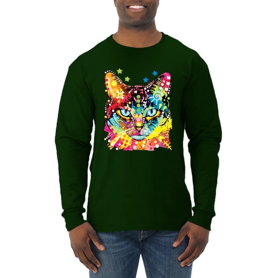 Wild Bobby Dean Russo Colorful Blue Eyes Cat Cat Lover Men Long Sleeve Shirt, Forest Green, Medium