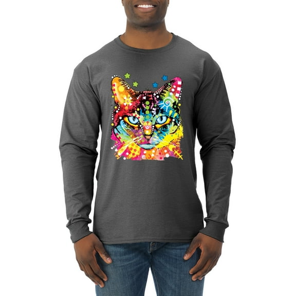 Wild Bobby Dean Russo Colorful Blue Eyes Cat Cat Lover Men Long Sleeve Shirt, Heather Black, Large