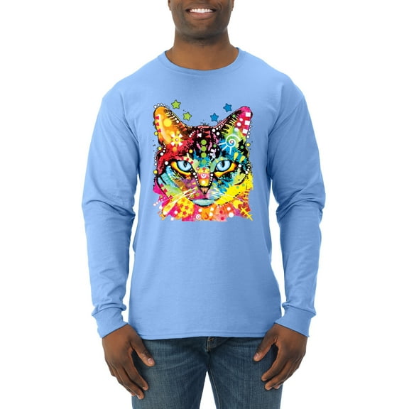 Wild Bobby Dean Russo Colorful Blue Eyes Cat Cat Lover Men Long Sleeve Shirt, Light Blue, Large