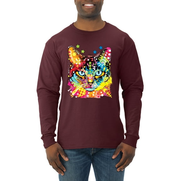 Wild Bobby Dean Russo Colorful Blue Eyes Cat Cat Lover Men Long Sleeve Shirt, Maroon, XX-Large