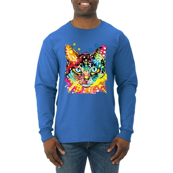 Wild Bobby Dean Russo Colorful Blue Eyes Cat Cat Lover Men Long Sleeve Shirt, Royal, Medium